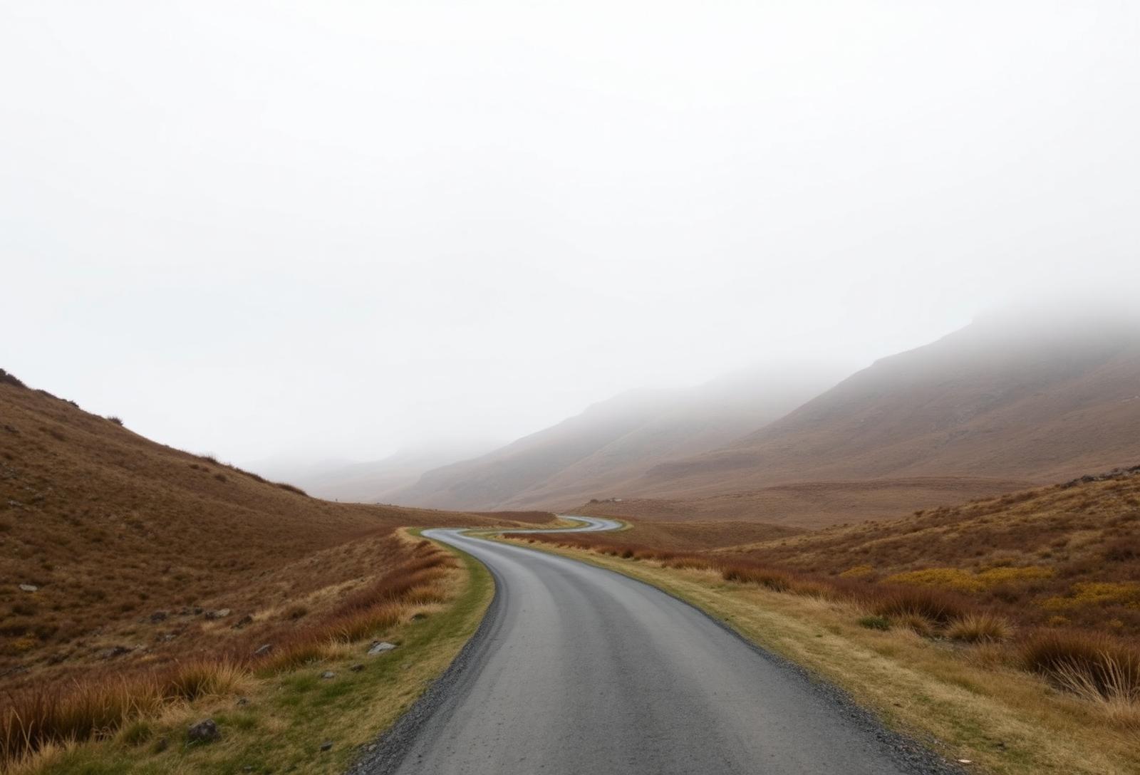 A long winding road through gentle hills under soft mist, evoking the unhurried arc of becoming.
