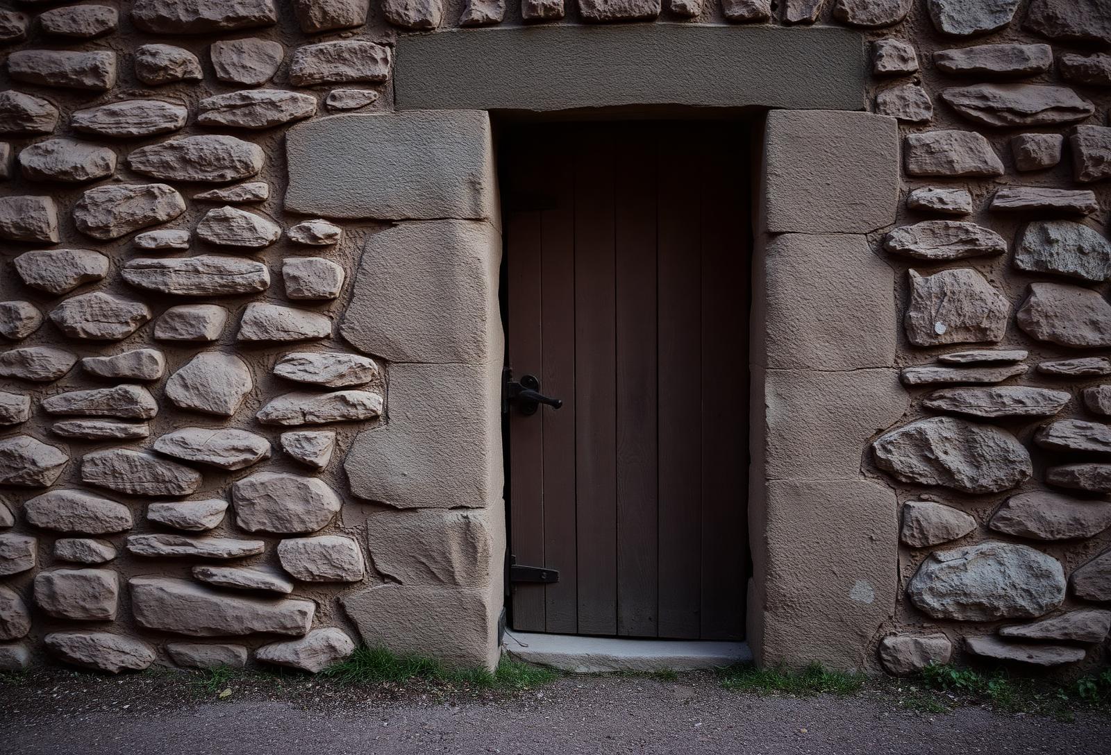 An old wooden door slightly ajar in a stone wall, evoking thresholds and what remains after leaving.
