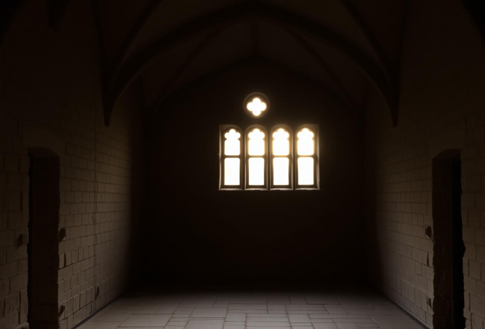 Soft light through arched windows in a quiet stone interior, evoking contemplative silence.