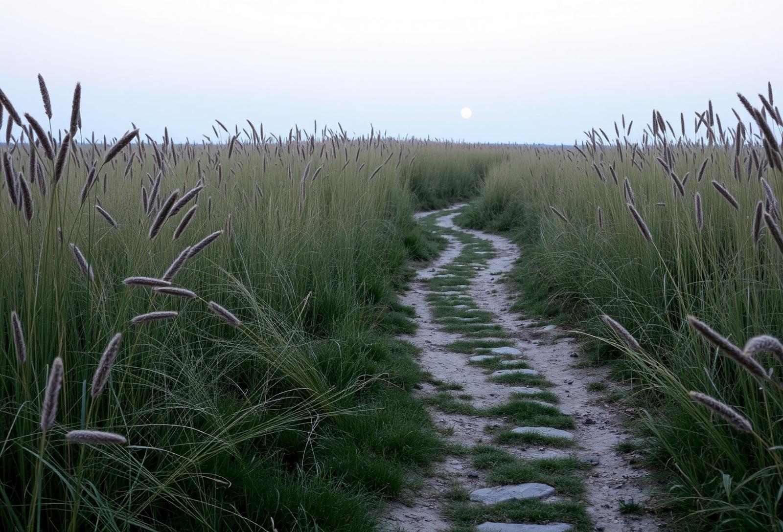 A winding path through tall grasses at dusk, evoking the slower pace of depth work.