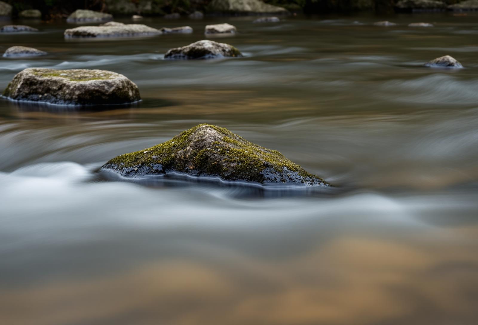 Slow river water moving over moss-covered stones, evoking patience and steady rhythms.