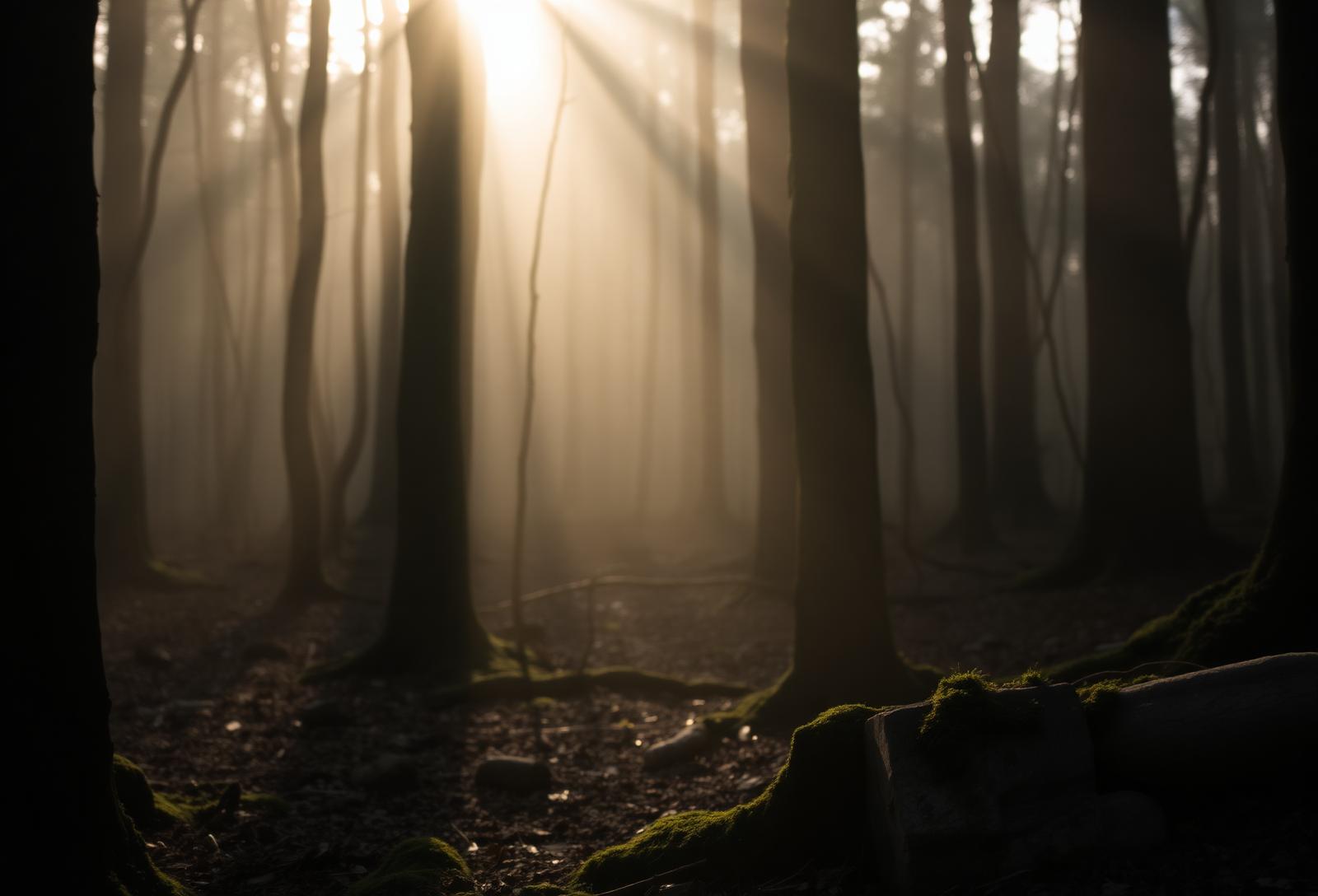 Soft morning light filtering through a quiet forest, evoking restraint and contemplative listening.